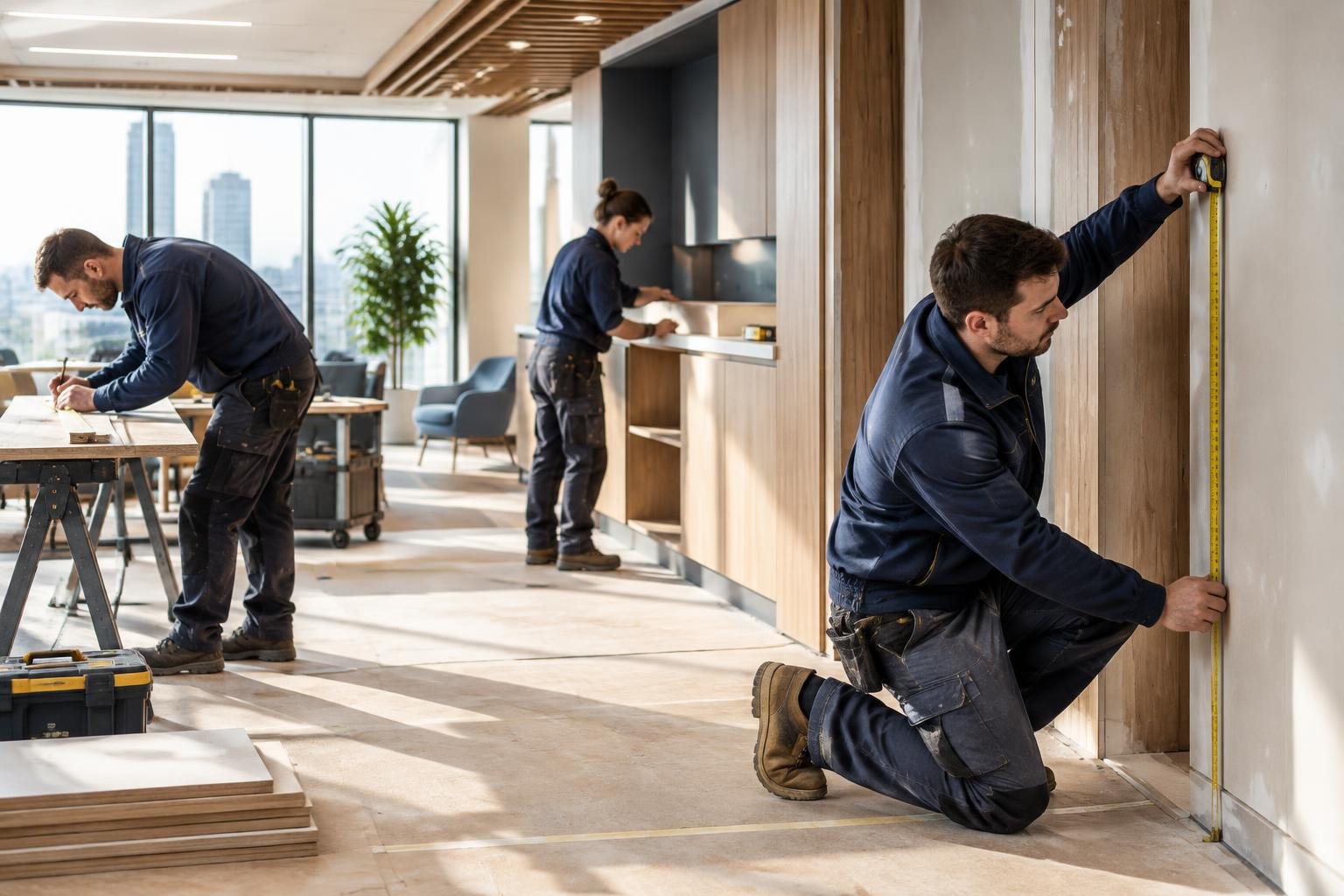 Carpentry professionals completing precision joinery in an office